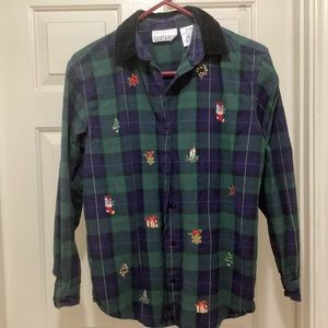 Christmas Casey & May size small black green plaid decorated button shirt blouse